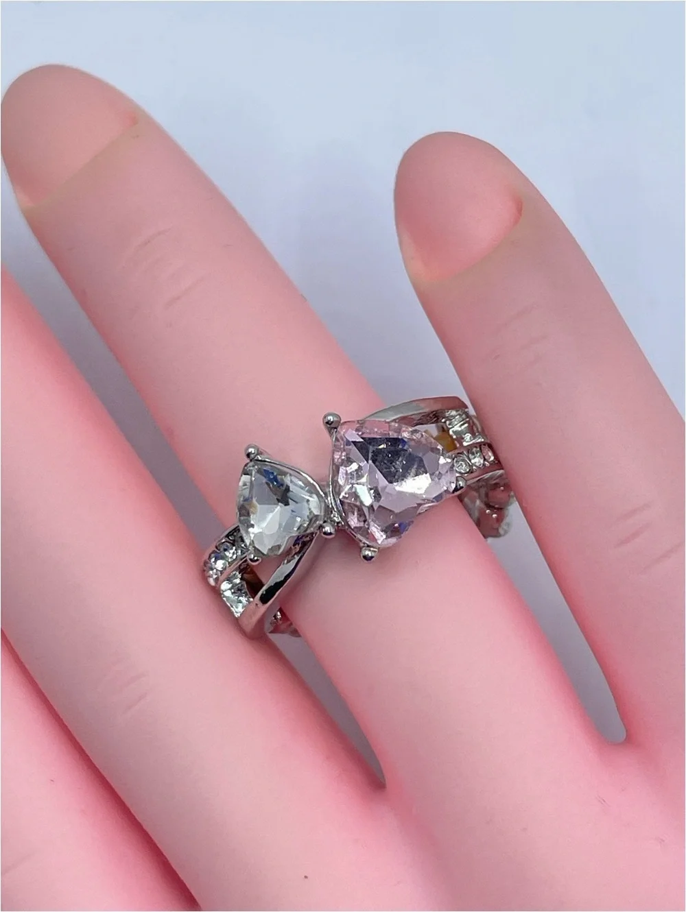 Silver Tone Pink Clear Heart Crystal Stretch Ring Statement